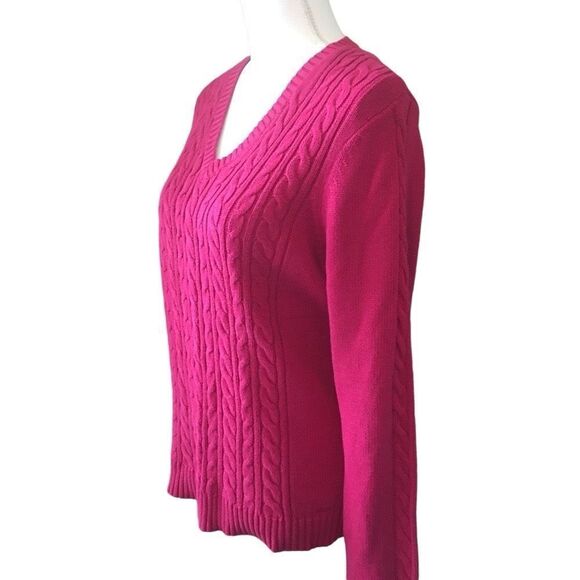 VTG IZOD‎ Women’s V-neck Cable Knit Pullover Sweater in Deep Fuchsia, Medium - Picture 3 of 7